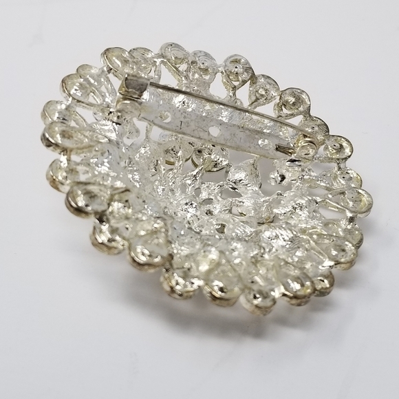 Large Clear Rhinestone Brooch Tiered Silver Tone Round 3D Flower Pin Teardrop - Picture 9 of 10